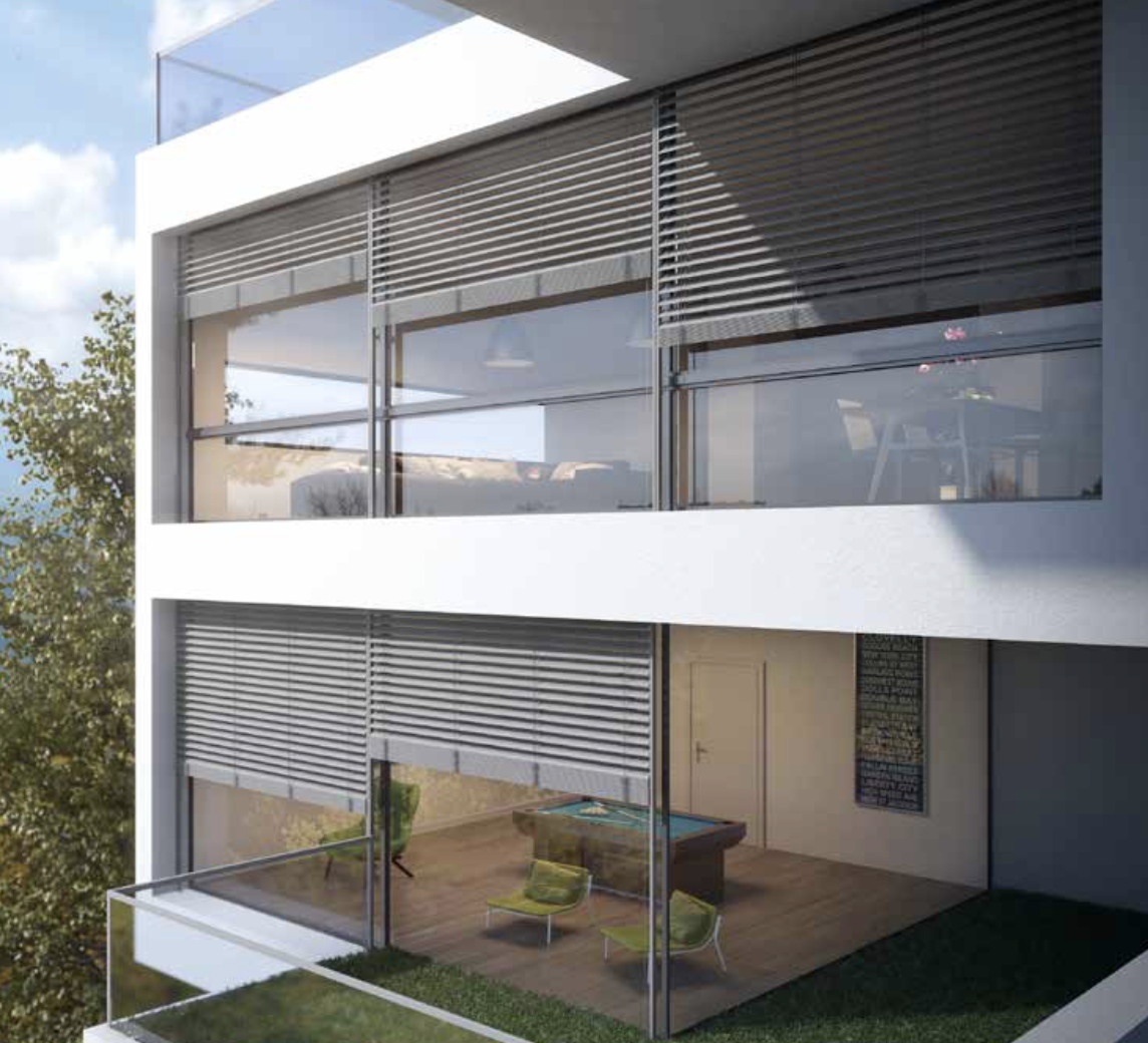 Brise solelsur façade maison moderne Lamisol III Vento Griesser